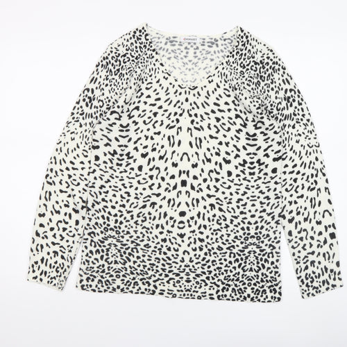 Damart Women’s White Animal Print Acrylic V-Neck Jumper Size 10/12