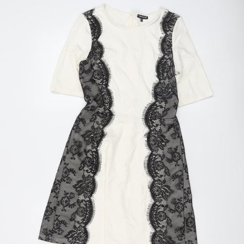 Warehouse Women’s Ivory Black Lace Sheath Dress UK 10 Knee Length