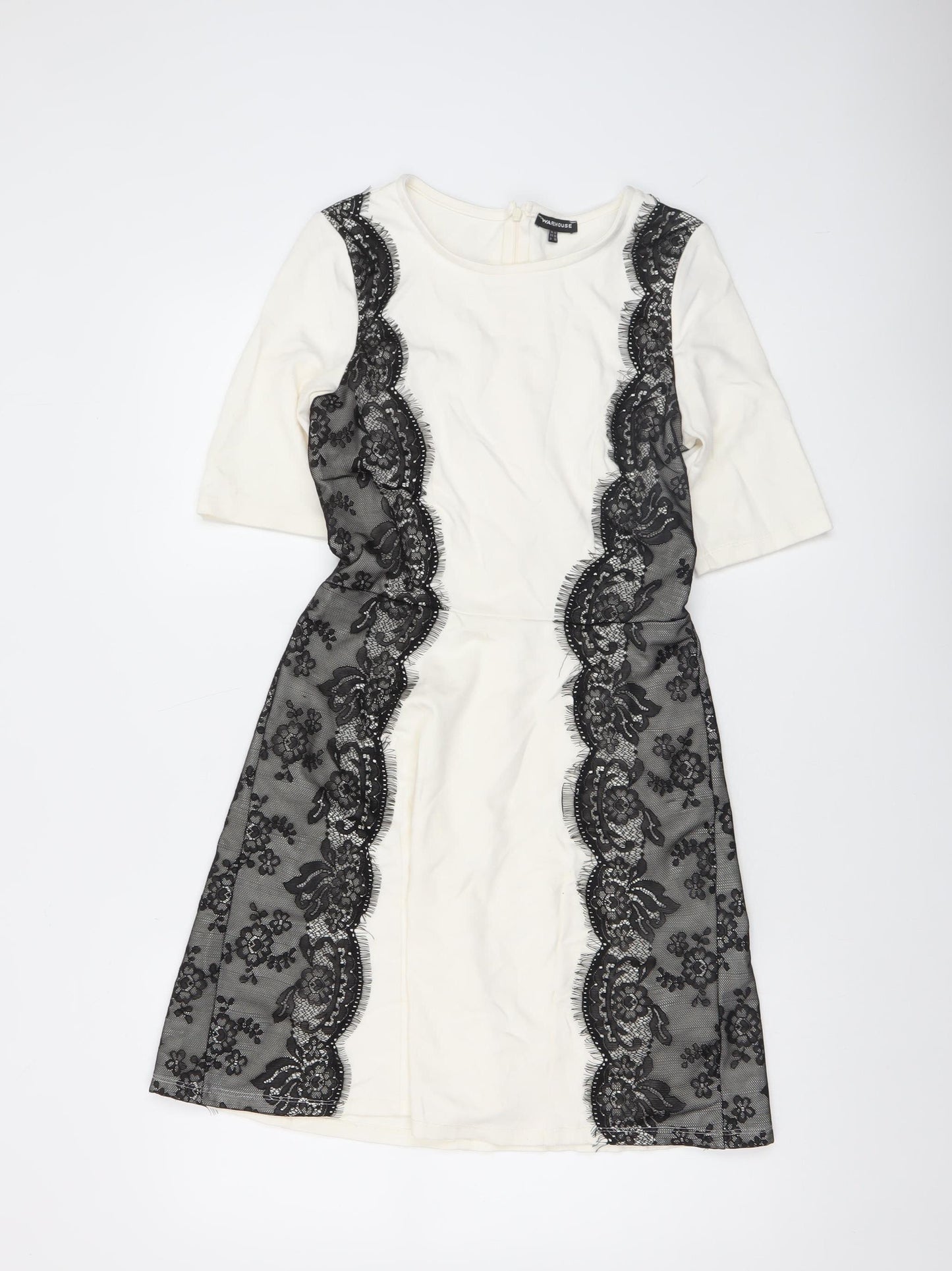 Warehouse Women’s Ivory Black Lace Sheath Dress UK 10 Knee Length