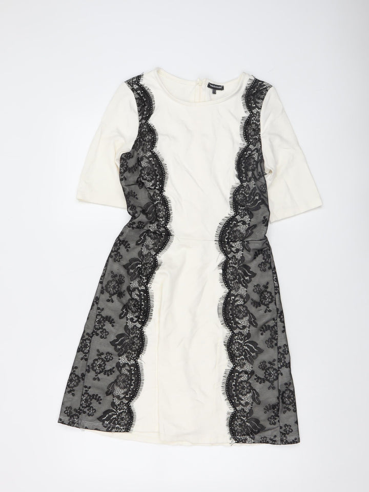 Warehouse Women’s Ivory Black Lace Sheath Dress UK 10 Knee Length