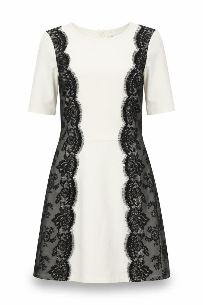 Warehouse Women’s Ivory Black Lace Sheath Dress UK 10 Knee Length