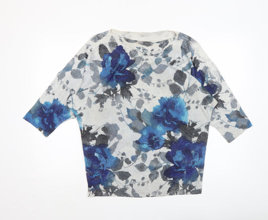 M&Co Women’s Grey Blue Floral 3/4 Sleeve Pullover Jumper Size 16