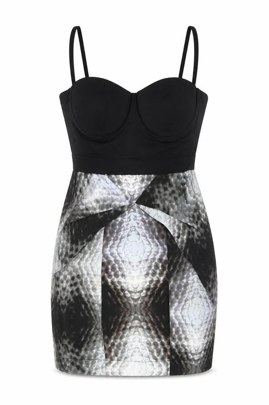 Front view of Lipsy Women’s Black Animal Print Bodycon Dress, size UK 12