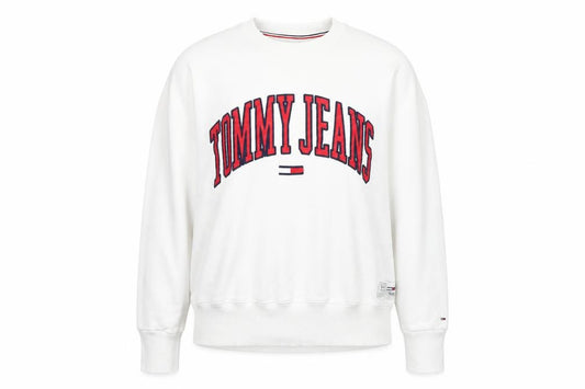 Front view of Tommy Jeans Women's White XL Crew Neck Pullover Sweatshirt