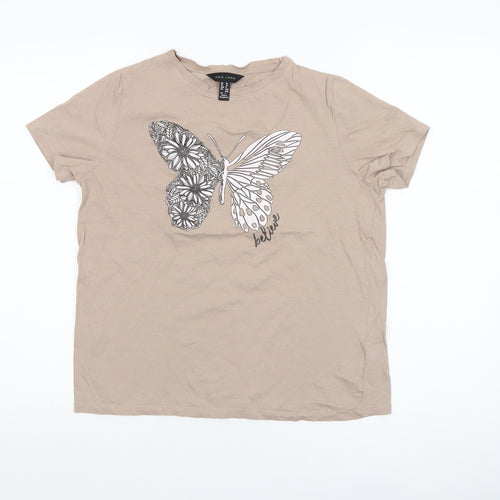 New Look Women’s Beige Butterfly Graphic Cotton T-Shirt Size 10