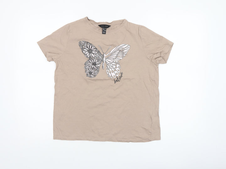 New Look Women’s Beige Butterfly Graphic Cotton T-Shirt Size 10