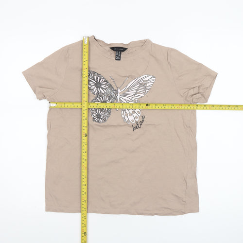 New Look Women’s Beige Butterfly Graphic Cotton T-Shirt Size 10
