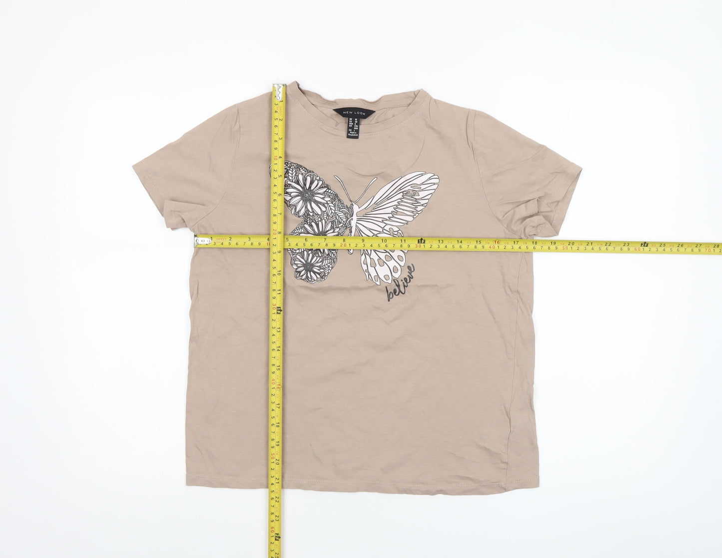 New Look Women’s Beige Butterfly Graphic Cotton T-Shirt Size 10