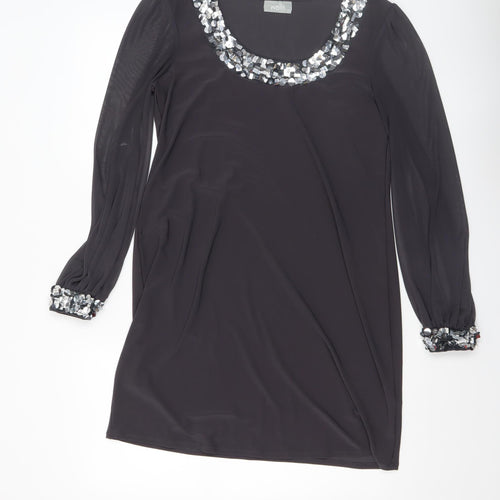 Wallis Women Black Sequin Trim Shift Dress Size 12 Long Sleeve Party