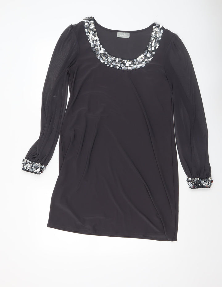 Wallis Women Black Sequin Trim Shift Dress Size 12 Long Sleeve Party