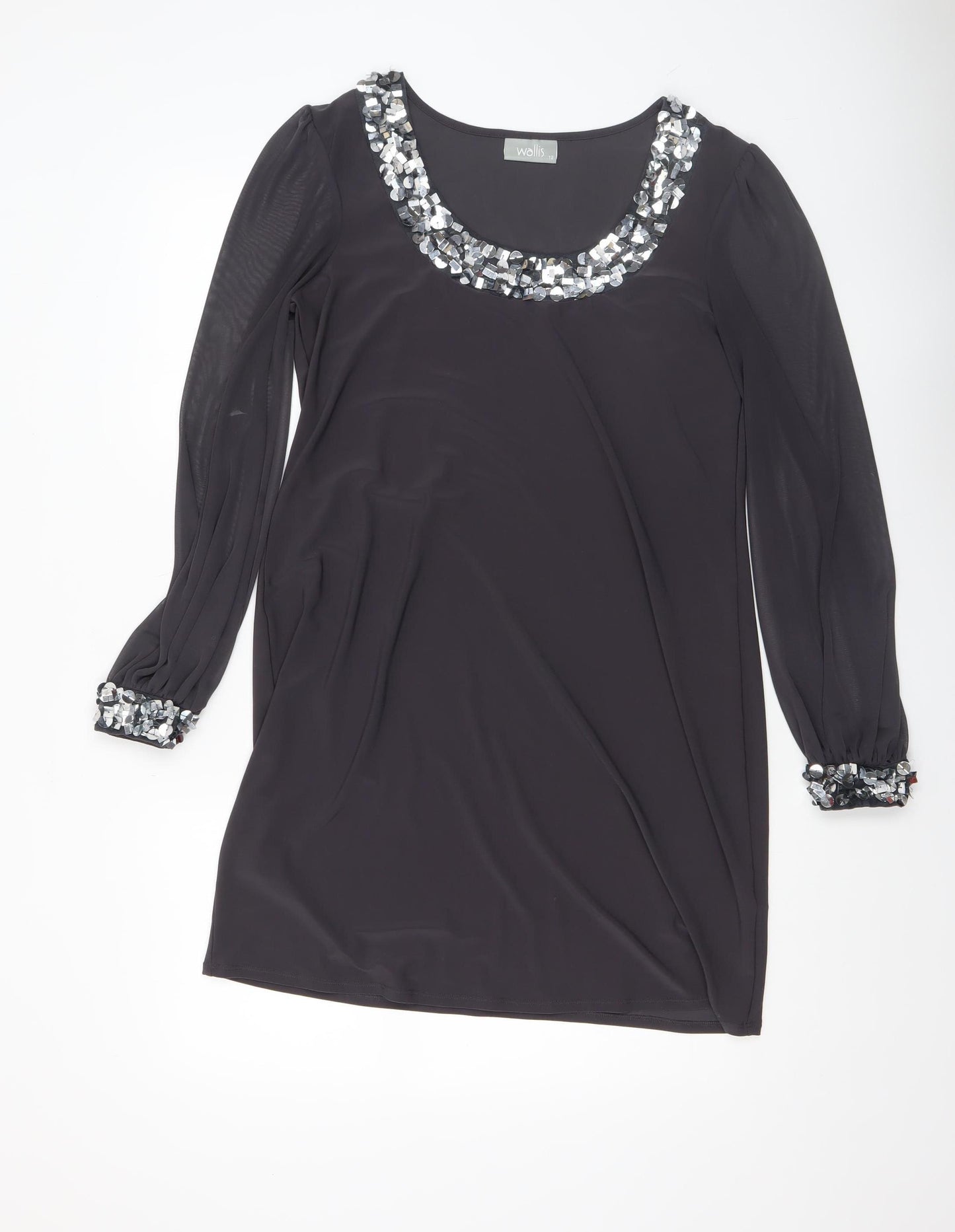 Wallis Women Black Sequin Trim Shift Dress Size 12 Long Sleeve Party