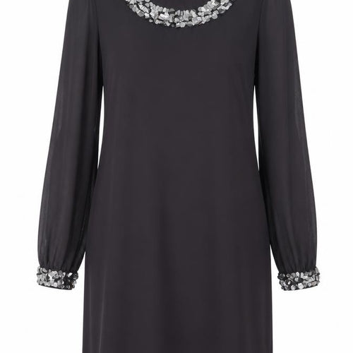 Wallis Women Black Sequin Trim Shift Dress Size 12 Long Sleeve Party
