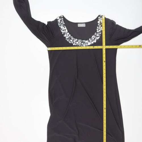 Wallis Women Black Sequin Trim Shift Dress Size 12 Long Sleeve Party