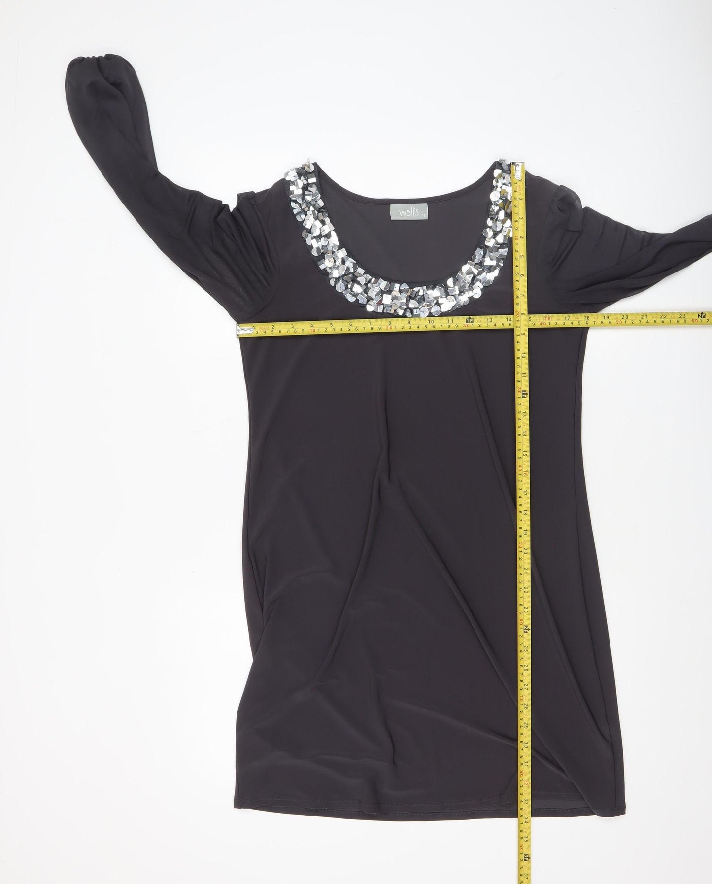 Wallis Women Black Sequin Trim Shift Dress Size 12 Long Sleeve Party