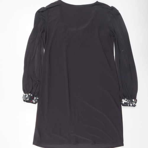 Wallis Women Black Sequin Trim Shift Dress Size 12 Long Sleeve Party