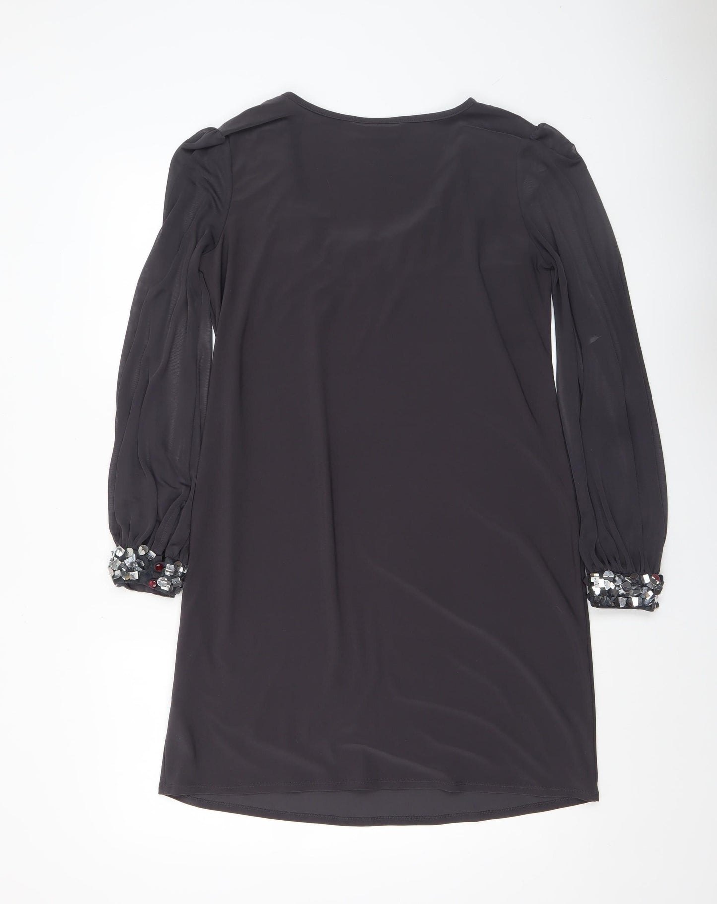Wallis Women Black Sequin Trim Shift Dress Size 12 Long Sleeve Party