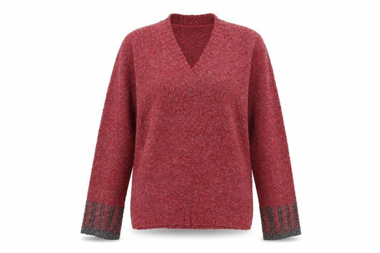 Front view of Columbia women’s red v-neck knit jumper, size M