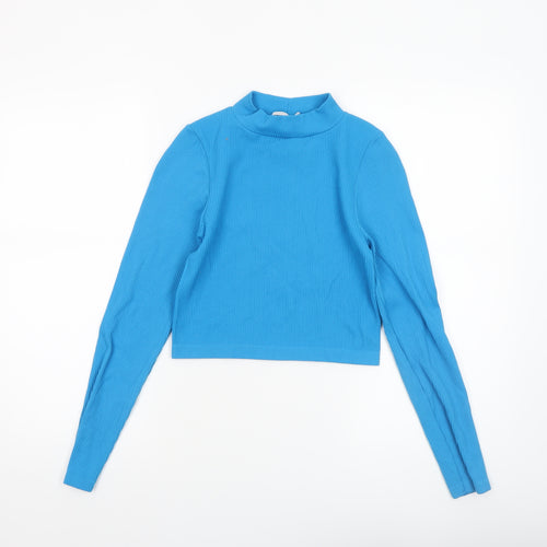 Stradivarius Women’s Blue Cropped Mock Neck Ribbed Long Sleeve Top Size S