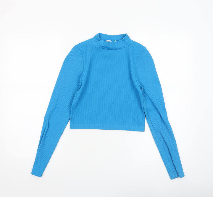 Stradivarius Women’s Blue Cropped Mock Neck Ribbed Long Sleeve Top Size S