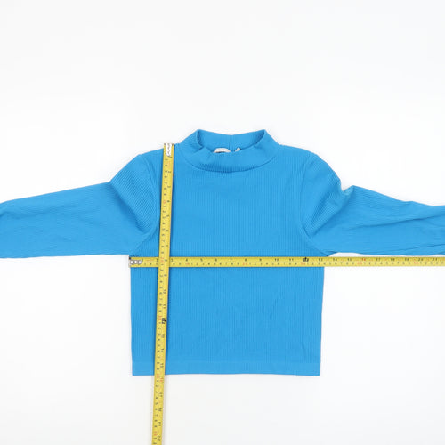Stradivarius Women’s Blue Cropped Mock Neck Ribbed Long Sleeve Top Size S