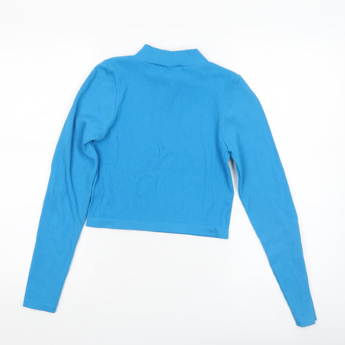 Stradivarius Women’s Blue Cropped Mock Neck Ribbed Long Sleeve Top Size S