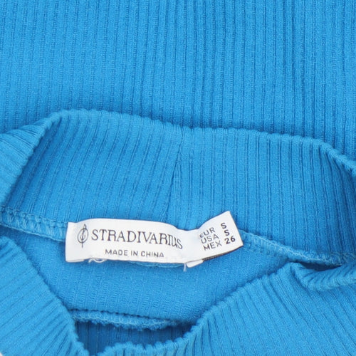 Stradivarius Women’s Blue Cropped Mock Neck Ribbed Long Sleeve Top Size S