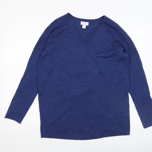 KENAR Womens Blue Merino Wool V-Neck Long Sleeve Jumper Size L