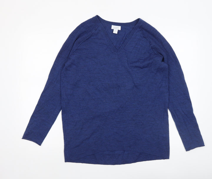 KENAR Womens Blue Merino Wool V-Neck Long Sleeve Jumper Size L