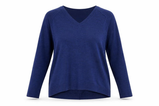 Front view of KENAR women’s blue merino wool v-neck long sleeve jumper, size L