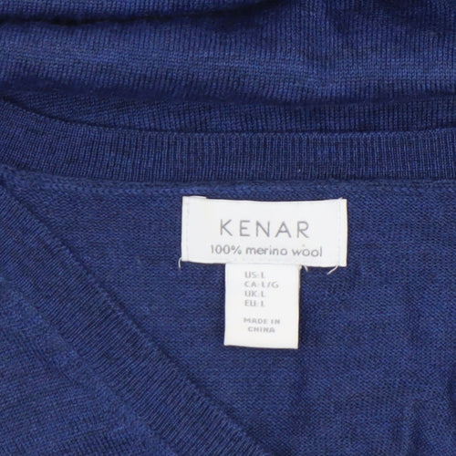 KENAR Womens Blue Merino Wool V-Neck Long Sleeve Jumper Size L