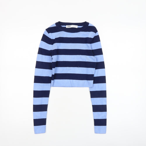 Zara Women Blue Striped Crew Neck Long Sleeve Pullover Jumper Size S