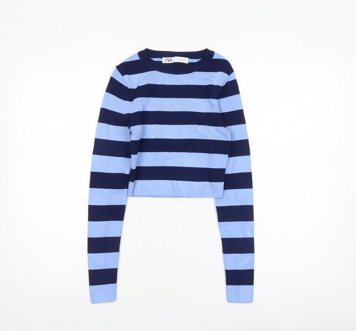 Zara Women Blue Striped Crew Neck Long Sleeve Pullover Jumper Size S