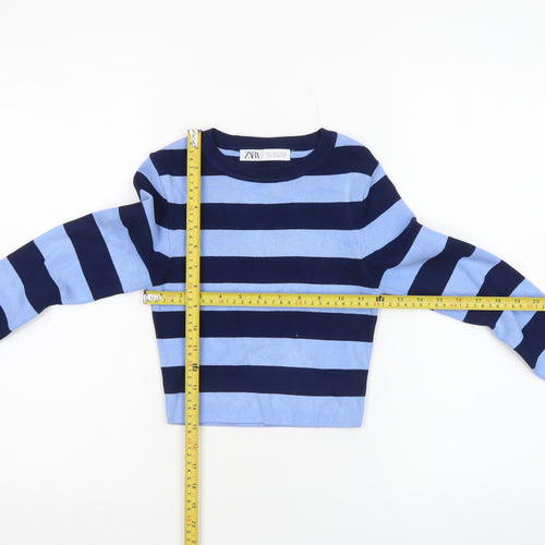 Zara Women Blue Striped Crew Neck Long Sleeve Pullover Jumper Size S
