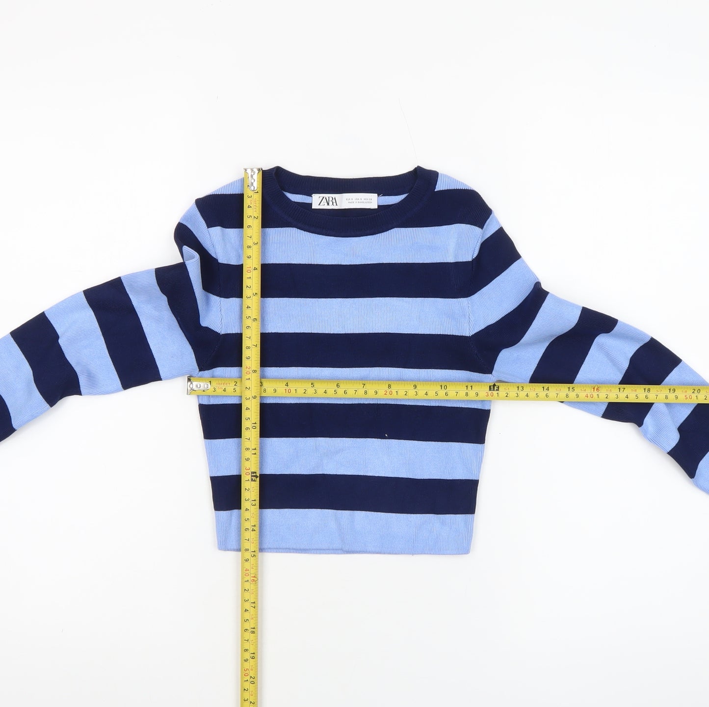Zara Women Blue Striped Crew Neck Long Sleeve Pullover Jumper Size S