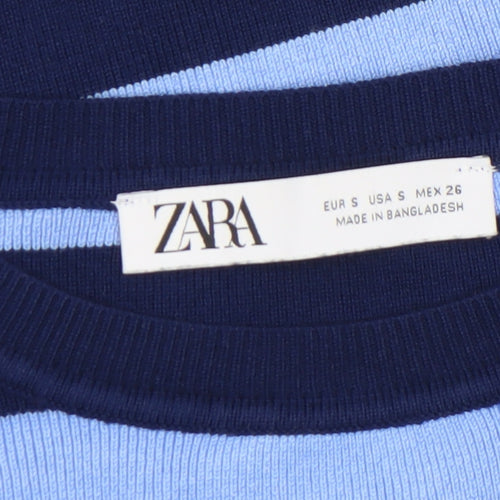 Zara Women Blue Striped Crew Neck Long Sleeve Pullover Jumper Size S
