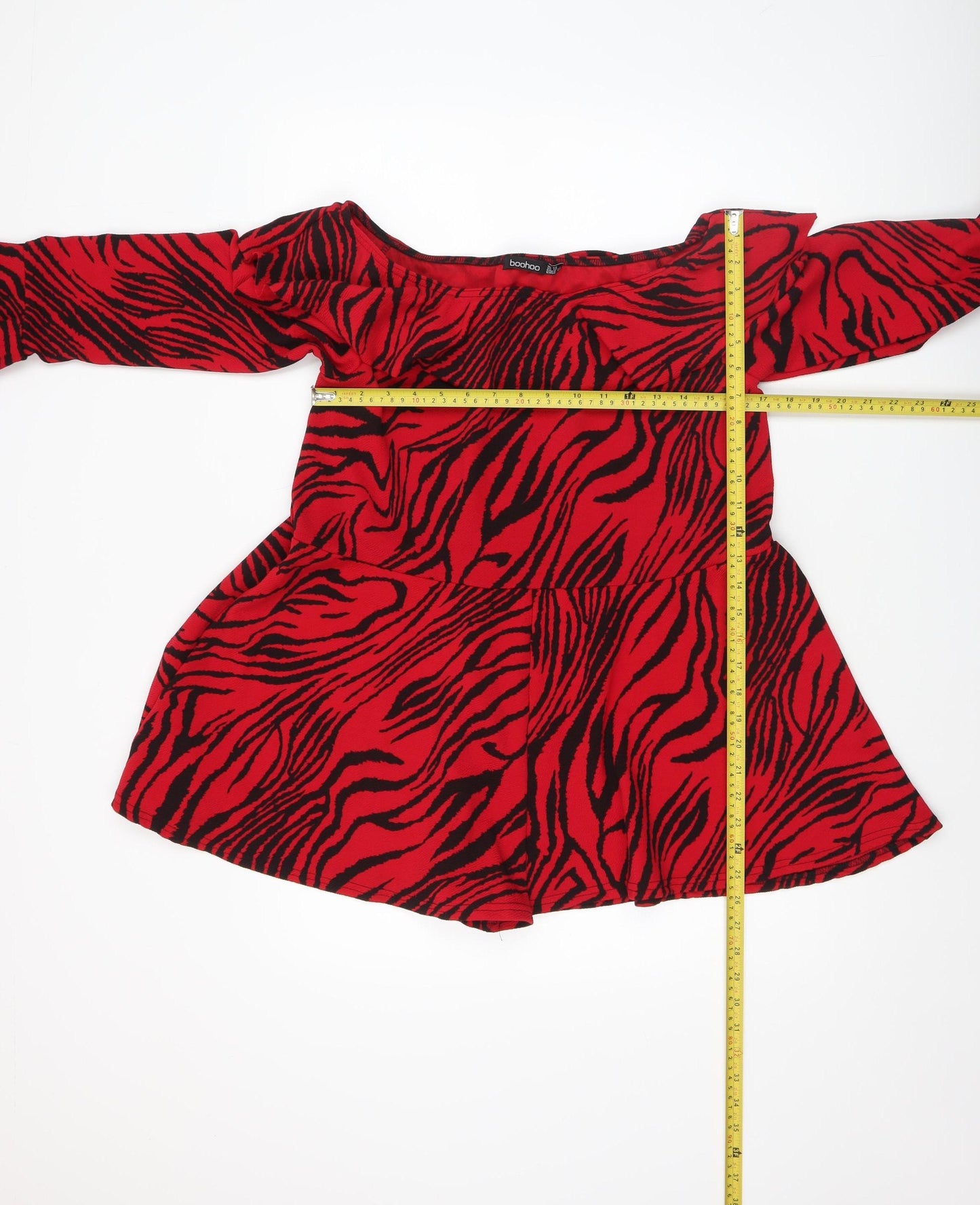 Boohoo Women Red Black Animal Print Off Shoulder Playsuit Size 10