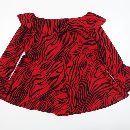 Boohoo Women Red Black Animal Print Off Shoulder Playsuit Size 10
