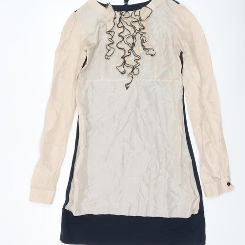Fornarina Women Beige Shift Dress Size S Long Sleeve Ruffle Detail