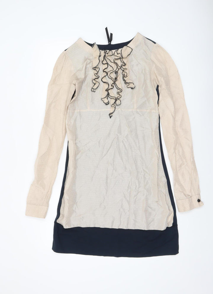 Fornarina Women Beige Shift Dress Size S Long Sleeve Ruffle Detail