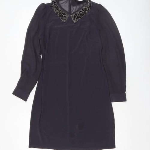 Wallis Women Black Beaded Collar Petite Shift Dress Size 8 Long Sleeve