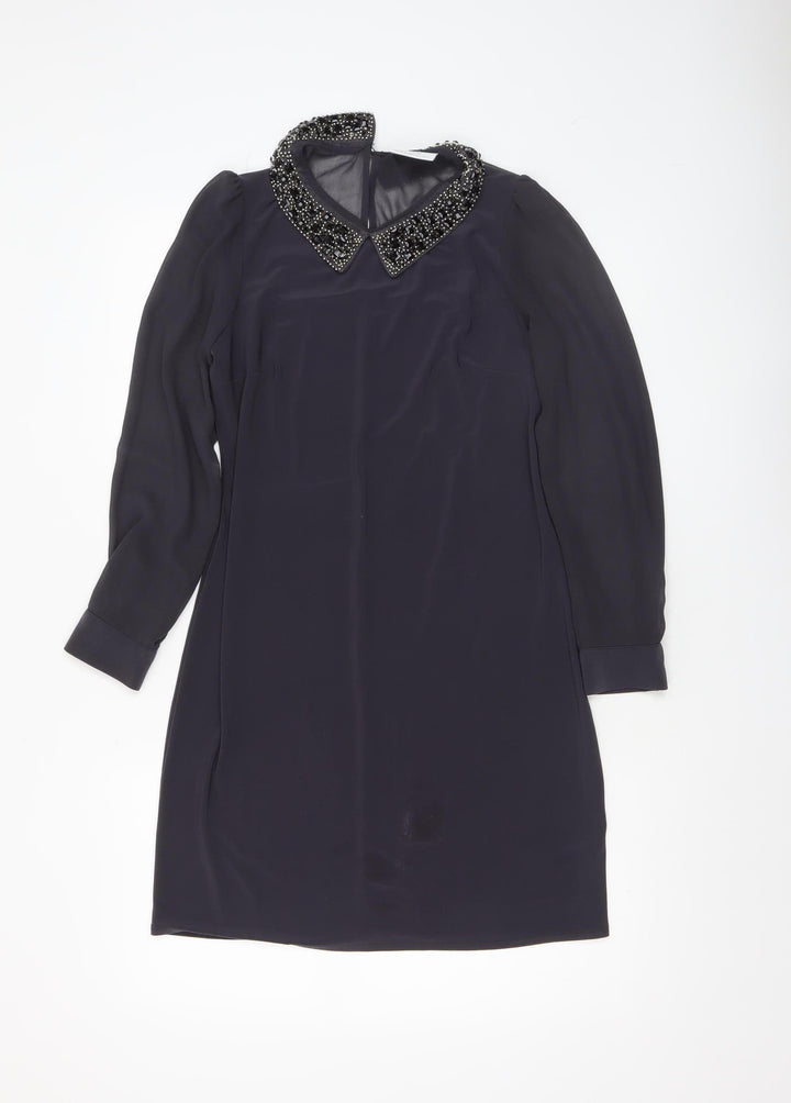 Wallis Women Black Beaded Collar Petite Shift Dress Size 8 Long Sleeve