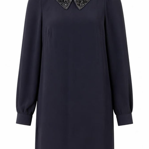 Wallis Women Black Beaded Collar Petite Shift Dress Size 8 Long Sleeve