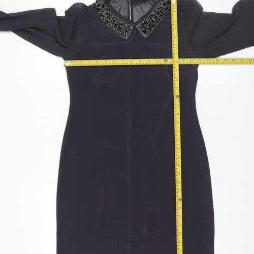 Wallis Women Black Beaded Collar Petite Shift Dress Size 8 Long Sleeve