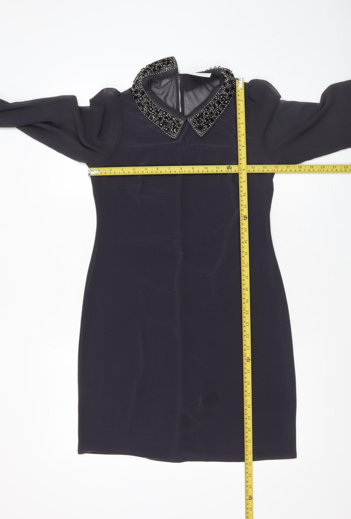 Wallis Women Black Beaded Collar Petite Shift Dress Size 8 Long Sleeve