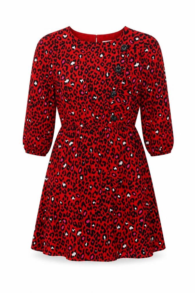Front view of Savida women’s red leopard print a-line dress, size UK 10