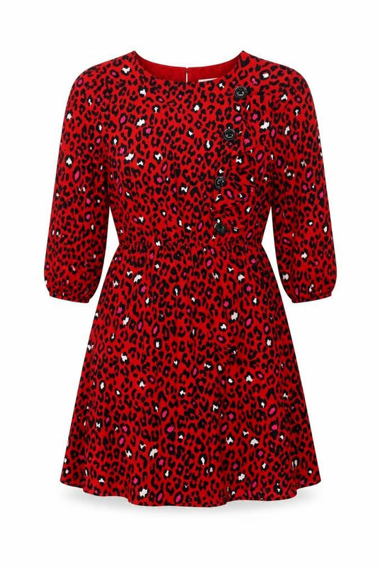 Front view of Savida women’s red leopard print a-line dress, size UK 10