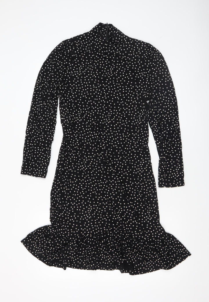 Whistles Women’s Black Polka Dot High Neck Ruffle Hem Bodycon Dress Size 12