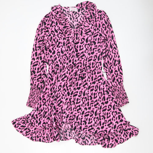 Savida Women's Pink Leopard Print Ruffle Long Sleeve A-Line Dress Size 10