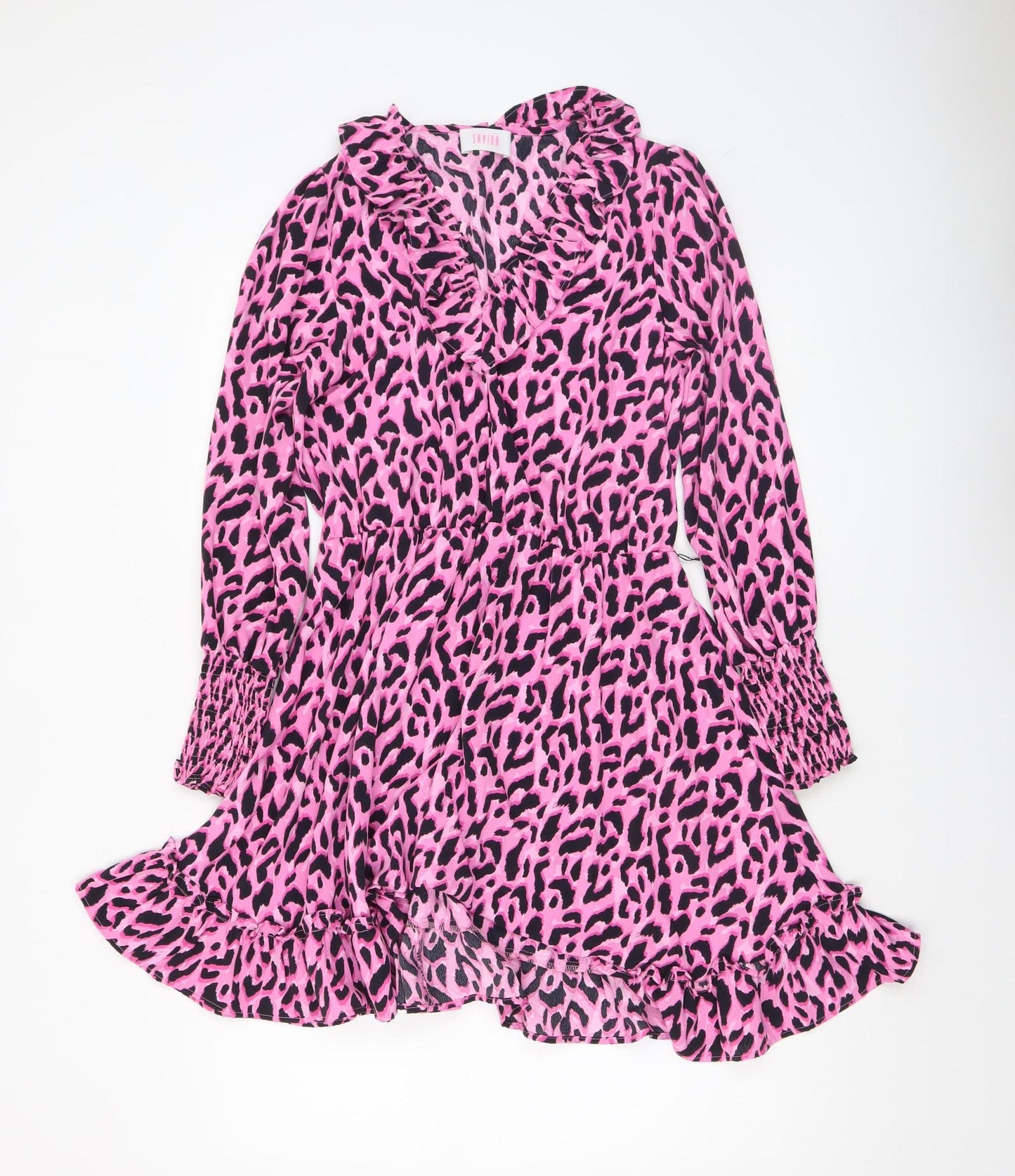 Savida Women's Pink Leopard Print Ruffle Long Sleeve A-Line Dress Size 10