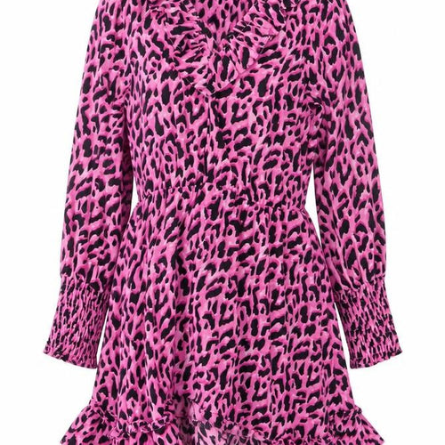 Savida Women's Pink Leopard Print Ruffle Long Sleeve A-Line Dress Size 10